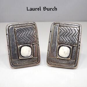 Laurel Burch Silver Clip Earrings White Magnesite Stone Vintage 1980s Rare